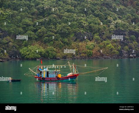 Traditional fishing boat & coracle with cliff shoreline, Halong Bay, Vietnam, Asia Stock Photo ...