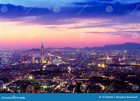 Seoul city skyline stock photo. Image of aerial, evening - 157356454