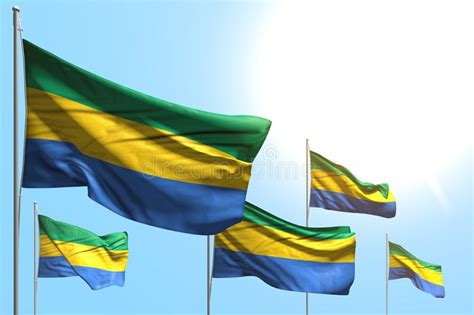 Pretty 5 Flags Of Gabon Are Wave On Blue Sky Background - Any Feast Flag 3d Illustration Stock ...
