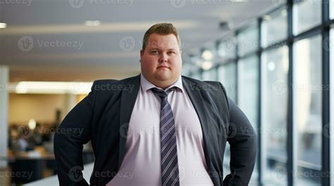 Overweight man in modern office. A fat man in a suit, an office worker ...