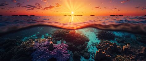 Sunset Wallpaper 4K, Underwater, Coral reef, Seascape