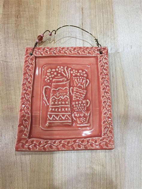 Coral Coffee and Cups Ceramic Art Tile, Coffee Decor, Coffee Wall Hanging, Coffee Tile Ornament ...
