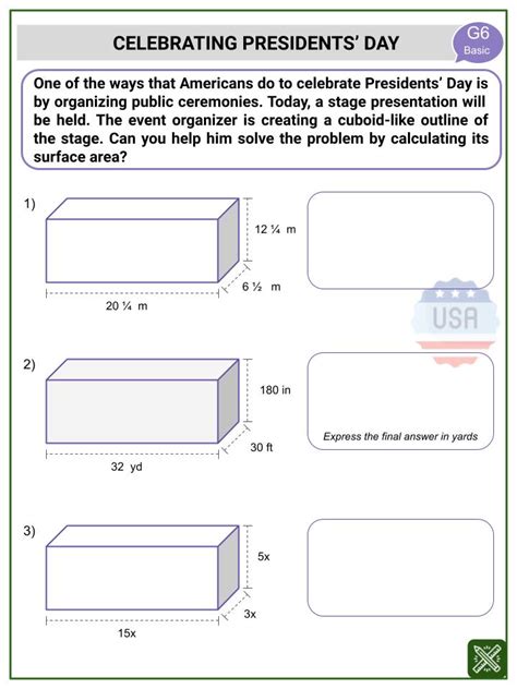 Surface Area of a Cuboid President's Day Themed Math Worksheets