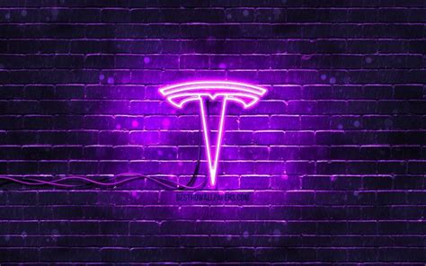 Download wallpapers Tesla violet logo, 4k, violet brickwall, Tesla logo, cars brands, Tesla neon ...