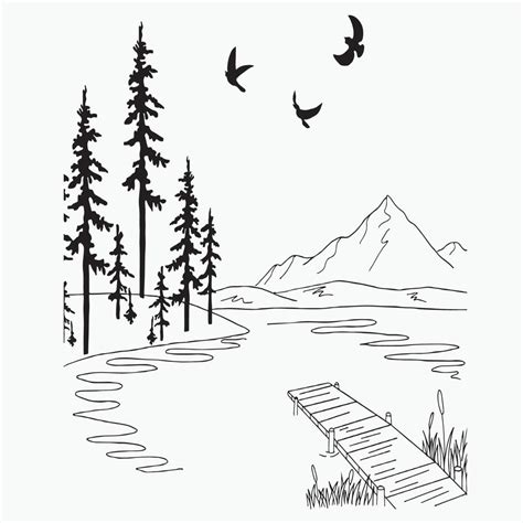 paesaggio linea arte, montagna schema disegno, semplice schizzo, vettore file, scenario lago ...