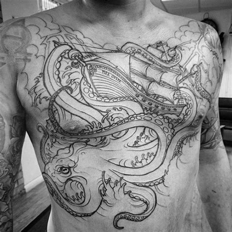 Guys Octopus Kraken With Sailing Ship Old School Chest Tattoos Octopus ...