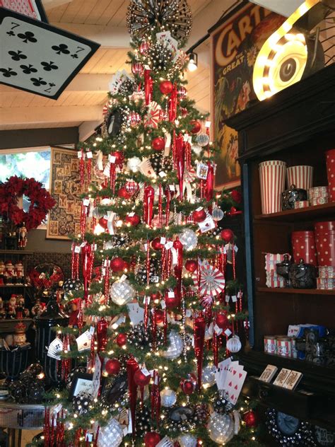 Vegas Tree - Christmas Tree Decorated with Red, White, and Silver Ornaments