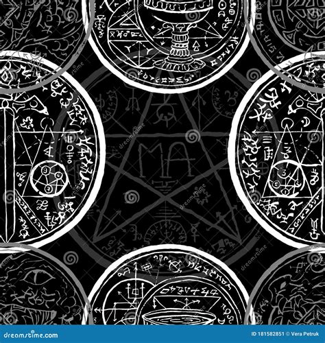 Seamless Pattern with Sword, Pentagram and Mystic Symbols on Black ...