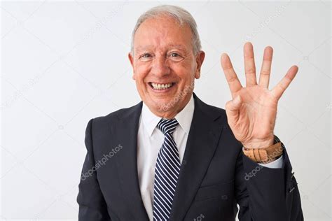 Senior Grey Haired Businessman Wearing Suit Standing Isolated White Background Booth Design ...