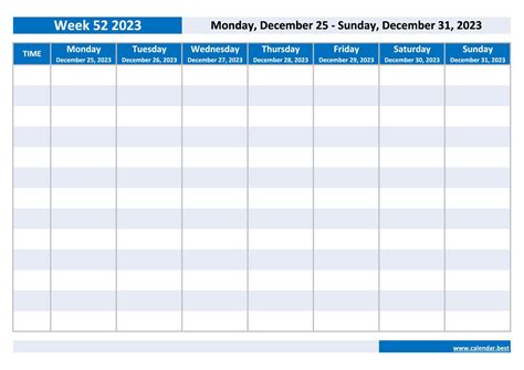 Week 52 2023: dates, calendar and weekly schedule to print