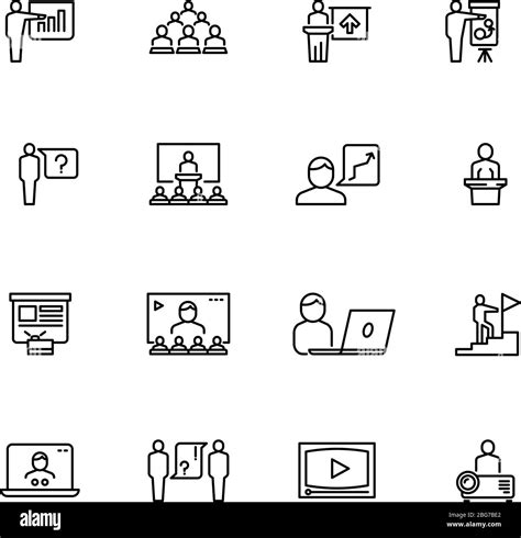 Presentation and conference symbols. Training and learning line icons. People group in class ...