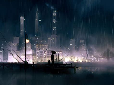 anime girls, anime, night, rain, city, cityscape, HD Wallpaper | Rare ...