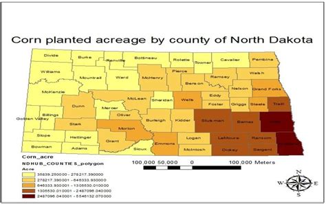 North Dakota Corn planted acreage map by county Source: Cropland Data ...