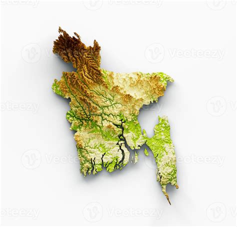 Bangladesh Map Shaded relief Color Height map on white Background 3d ...