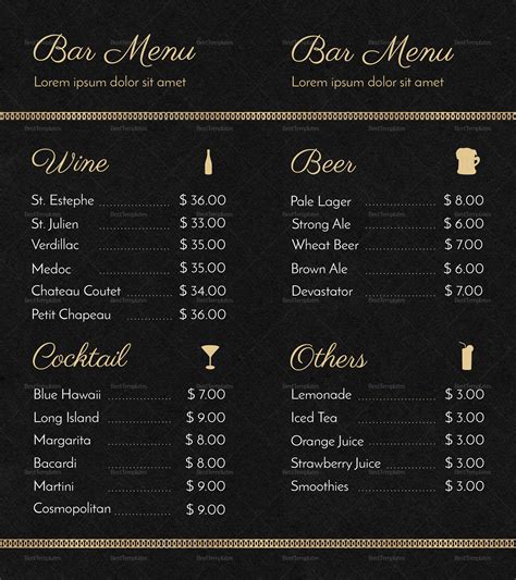 Sample Bar Menu Templates