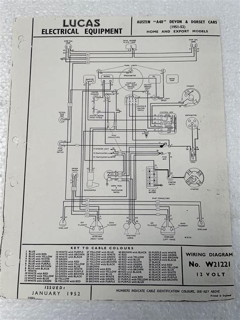 LUCAS WIRING DIAGRAM W21221 1951 - 1952 AUSTIN A40 DEVON & DORSET CARS