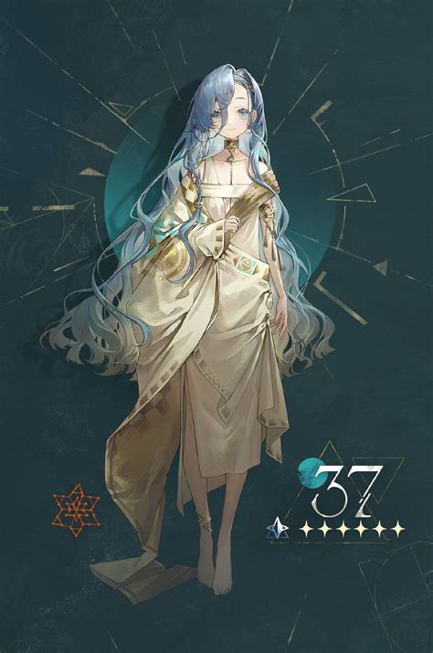 an anime character with blue hair and long white hair standing in front of a dark background