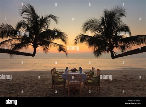 Romantic dinner on tropical beach at sunset Stock Photo - Alamy