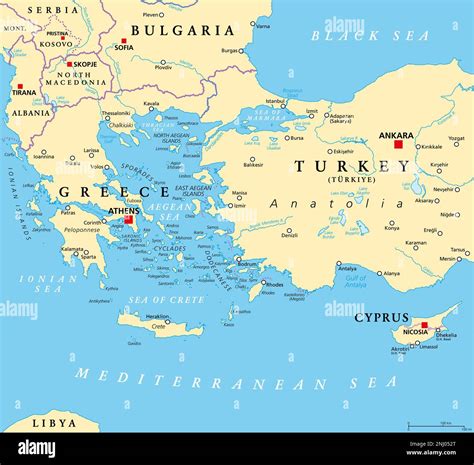 Aegean Sea region with Aegean Islands, political map. An elongated embayment of the ...