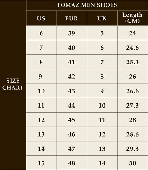 TOMAZ Shoes Size Guide