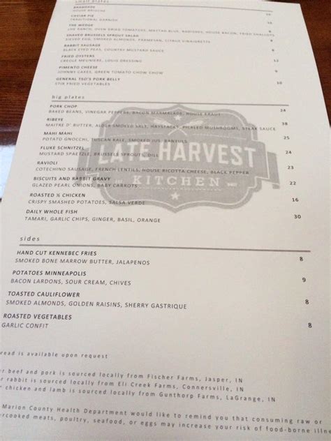 Menu at Late Harvest Kitchen restaurant, Indianapolis