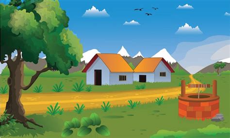 Premium Vector | Village cartoon background illustration with old style cottage, well, trees ...