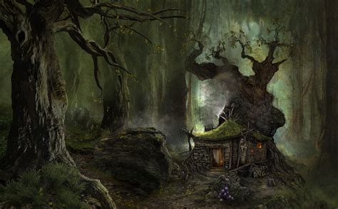 creepy digital art fantasy art nature trees forest house mushroom stone ...