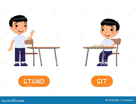 Opposites Concept, STAND and SIT. Educational Word Card with Schoolkid Vector Template Stock ...