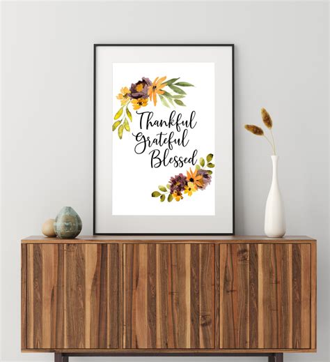 Thankful Grateful Blessed Wall Digital Art Print With Fall Floral Accents, Instant Download - Etsy