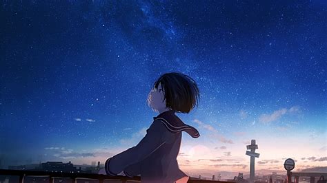 Download wallpaper 1600x900 starry night, anime girl, original, 16:9 widescreen 1600x900 hd ...