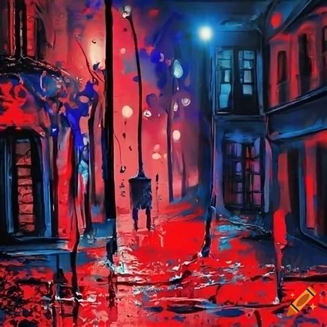 French street at night with paint dripping and splatter in red and blue, abstract art on Craiyon