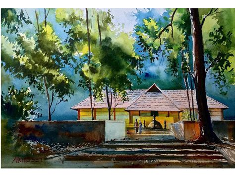 Temple In South Indian Village | Watercolor On Paper | By Abhijeet Bahadure | Exotic India Art