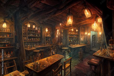 Warm lit friendly medieval fantasy tavern inn, lanterns, concept art interior, adventuring ...