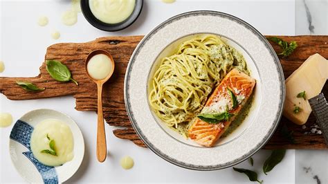 Grilled Salmon with Spaghetti Creamy Pesto Sauce - Recipe