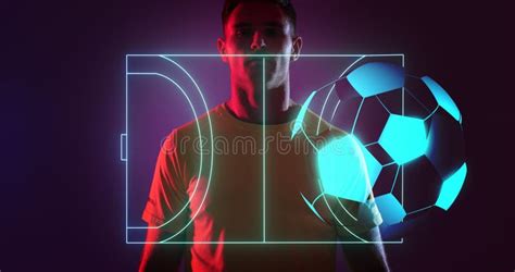 Young Player with Blue Neon Soccer Field Over Dark Background Stock ...