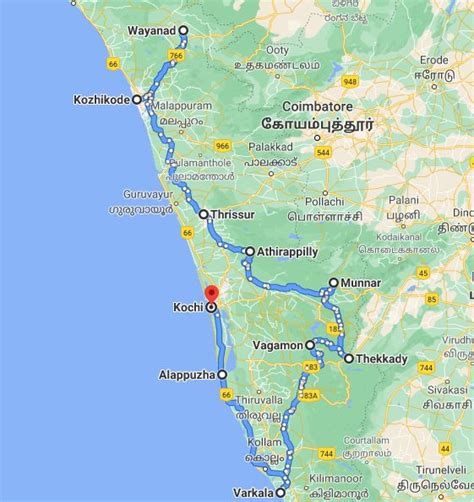 Map of the route to travel in Kerala for 24 days | Kerala travel, Road trip map, Holiday travel ...