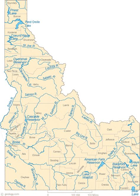 Map of Idaho Lakes, Streams and Rivers