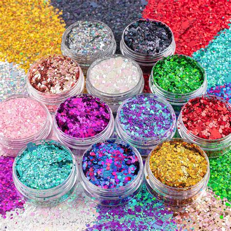 12 Colors of Holographic Chunky Glitter No Glue Attached, 12 Pots Total 120g Multi-Shaped for ...