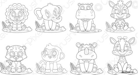 Outlined Cute Baby Safari Animal Cartoon Characters. Vector Hand Drawn ...
