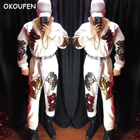 Fashion Embroidery Skulls hip hop handsome performance jumpsuits costumes Male singer Nightclub ...