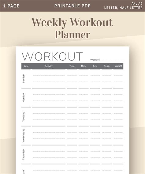 Fitness Journal Printable Page Weekly Workout Planner | Etsy