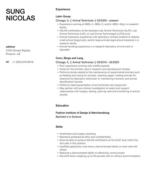 Animal Technician Resume Samples | Velvet Jobs