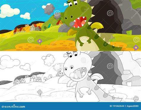 Cartoon Dragon with Sketch Drinking the Water Near the Cave Illustration Stock Illustration ...