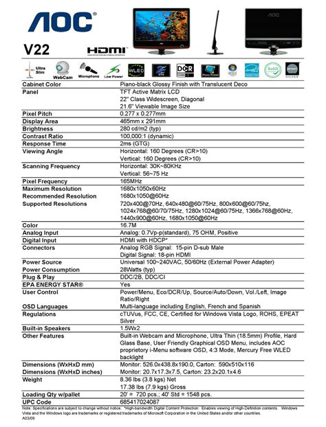 AOC V22/V22PLUS DIMENSIONS Pdf Download | ManualsLib