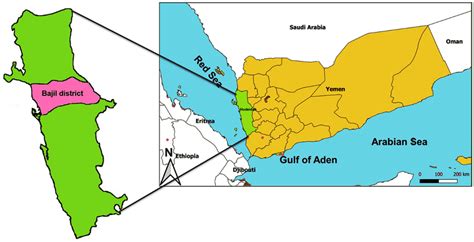 Map of Yemen showing the locations of Hodeidah governorate and Bajil ...