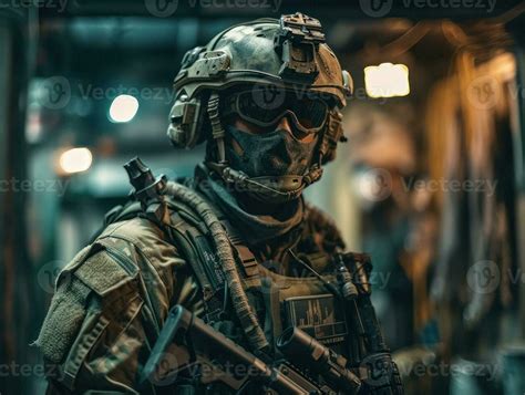 United States Army Special forces soldier in uniform and helmet with ...