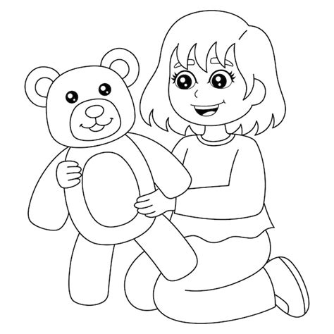 Premium Vector | Girl Holding A Teddy Bear Coloring Page Isolated