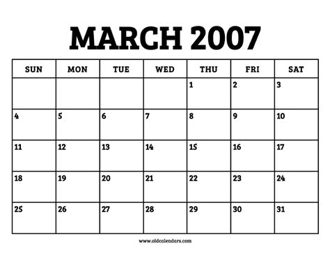 Calendar March 2007 – Printable Old Calendars