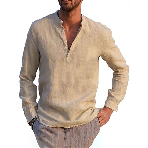 Mens Henley Cotton Linen Shirts Soft Casual Long Sleeve V Neck Solid Button Tops | eBay