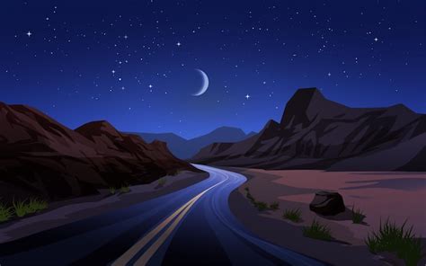 Ilustración de paisaje nocturno del desierto con camino sinuoso ...